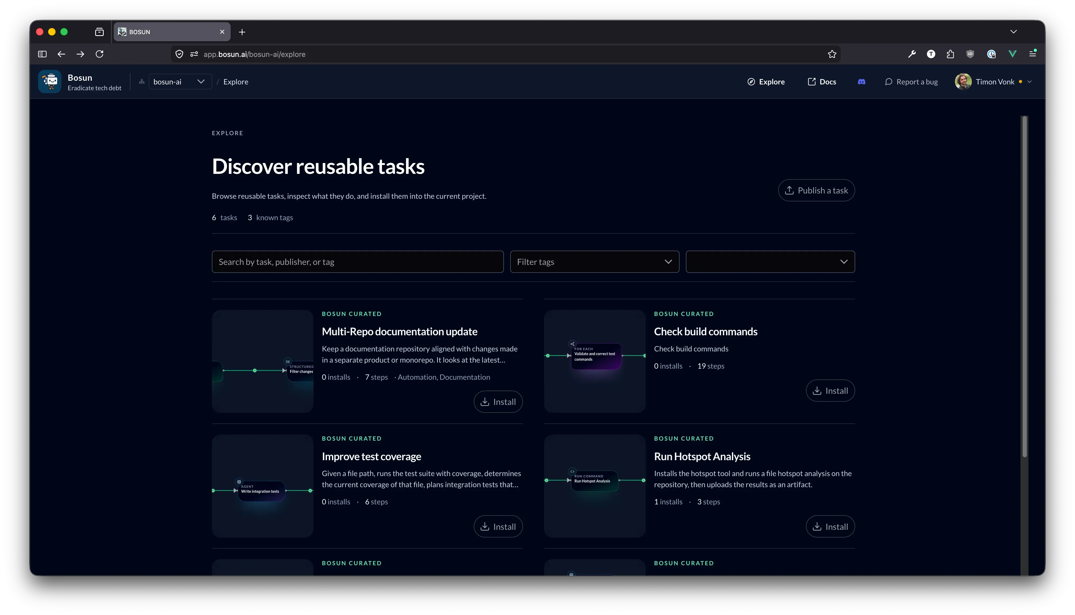 Bosun Explore for discovering tasks and reusable building blocks