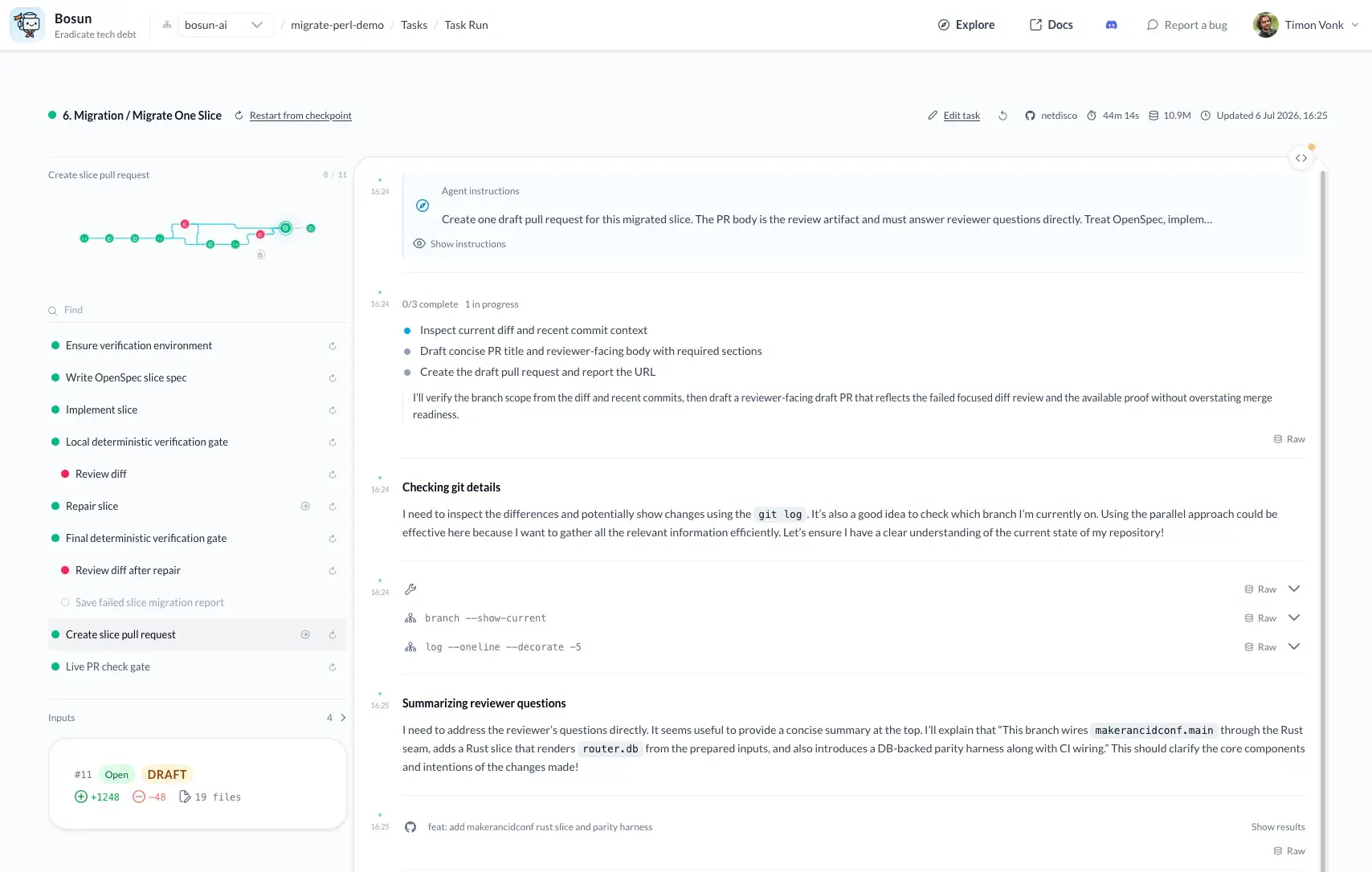Bosun session log showing task steps, token usage, and run context